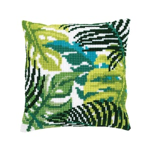 DIY Cross Stitch Cushion Kit &quot;Tropical Leaves&quot; | Needlepoint Pillow Kit | Embroidery kit | Home decor