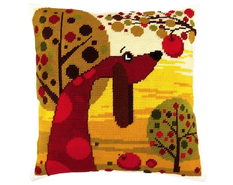 DIY Needlepoint Pillow Kit "Dachshund", Tapestry cushion kit, Half Cross Stitch Kit, Embroidery kit, size 16"x16" (40x40 cm), Printed Canvas