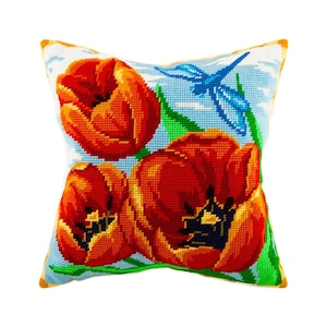 DIY Needlepoint Pillow Kit &quot;Red Tulips&quot;, Tapestry cushion kit, Half Cross Stitch Kit, Embroidery kit, size 16&quot;x16&quot; (40x40 cm), Printed