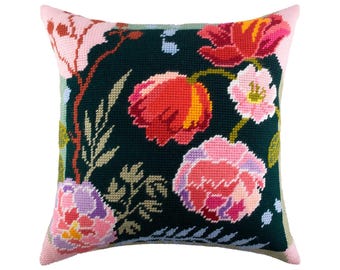 DIY Needlepoint Pillow Kit "Night Flowers" | Tapestry Cushion, Tent Stitch Embroidery Kit, Needlecraft Pillow, Printed Canvas 16x16 in