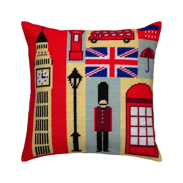 DIY Needlepoint Pillow Kit "London Souvenirs", Tapestry cushion kit, Half Cross Stitch Kit, Embroidery kit, size 16"x16" (40x40 cm), Printed