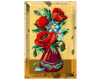 DIY Printed Tapestry kit "Bouquet of poppies and daisies" 5.9"x9.8" / 15x25 cm, Needlepoint Kit, Embroidery kit, Printed Canvas