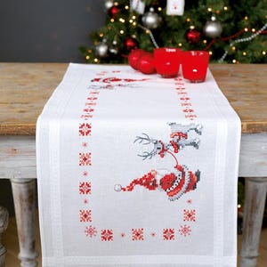 DIY Printed Table Runner kit &quot;Christmas elves&quot;, Printed Cross Stitch Kit, Embroidery table decor kit
