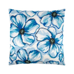 DIY Needlepoint Pillow Kit "Blue Flowers", Tapestry cushion kit, Half Cross Stitch Kit, Embroidery kit, size 16"x16" (40x40 cm), Printed