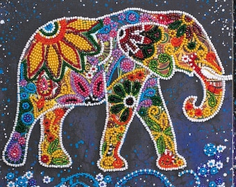 May include: A square wall art piece featuring a stylized elephant silhouette filled with intricate, colorful beadwork in shades of yellow, red, green, and blue. The elephant is set against a dark blue, speckled background with white dots.