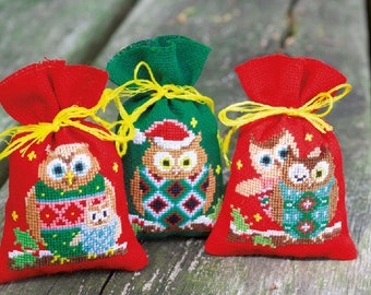 DIY Counted Cross Stitch Kit "Set of 3 Bags "Christmas Owls""  Embroidery kit, Home decor, Gift for her