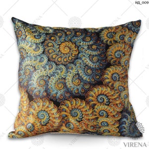May include: A decorative pillow with a black background and a swirling pattern of yellow, blue, and orange. The pattern is reminiscent of a fractal or a kaleidoscope.