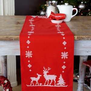 DIY Printed Table Runner kit &quot;Christmas deers&quot;, Printed Cross Stitch Kit, Embroidery table decor kit