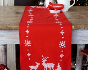 DIY Printed Table Runner kit "Christmas deers", Printed Cross Stitch Kit, Embroidery table decor kit
