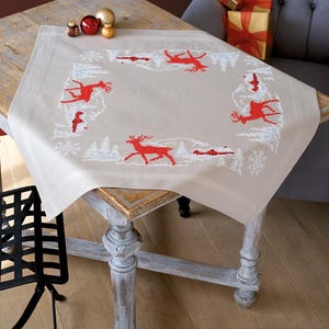 DIY Printed Tablecloth kit "Norwegian Winter", Printed Cross Stitch Kit, Embroidery table decor kit