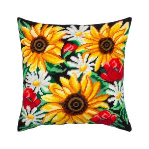 DIY Needlepoint Pillow Kit "Summer Flowers", Tapestry cushion kit, Half Cross Stitch Kit, Embroidery kit, size 16"x16" (40x40 cm), Printed