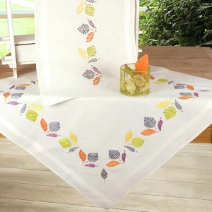 DIY Printed Tablecloth kit "Colourful Leaves", Printed Cross Stitch Kit, Embroidery table decor kit