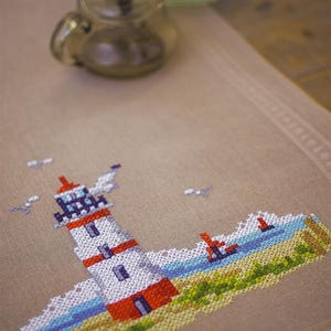 DIY Printed Tablecloth kit "Lighthouses", Printed Cross Stitch Kit, Embroidery table decor kit