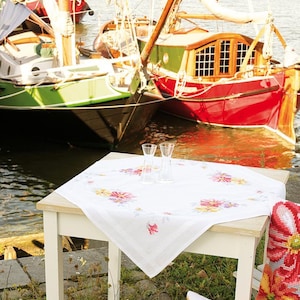 DIY Printed Tablecloth kit &quot;Bunte Blumen&quot;, Printed Cross Stitch Kit, Embroidery table decor kit