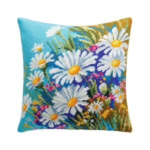 DIY Needlepoint Pillow Kit "Meadow of Daisies", Tapestry cushion kit, Half Cross Stitch Kit, Embroidery kit, size 16"x16" (40x40 cm),