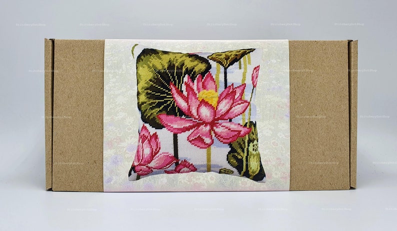 DIY Needlepoint Pillow Kit Lotus, Tapestry cushion kit, Half Cross Stitch Kit, Embroidery kit, size 16x16 40x40 cm, Printed Canvas image 4