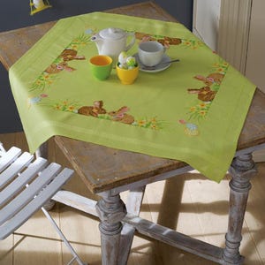 DIY Printed Tablecloth kit "Easter Bunnies", Printed Cross Stitch Kit, Embroidery table decor kit