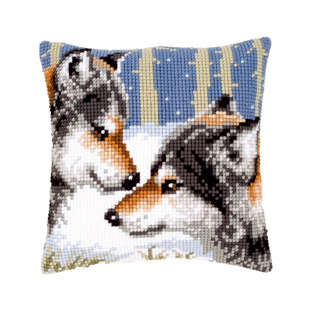DIY Cross Stitch Cushion Kit wolves, Needlepoint Pillow Kit, Embroidery