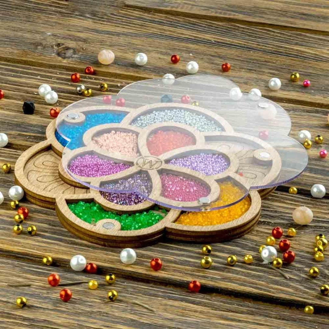 Wood Bead Organizer Tray With Lid , Seed Bead Storage Container Case
