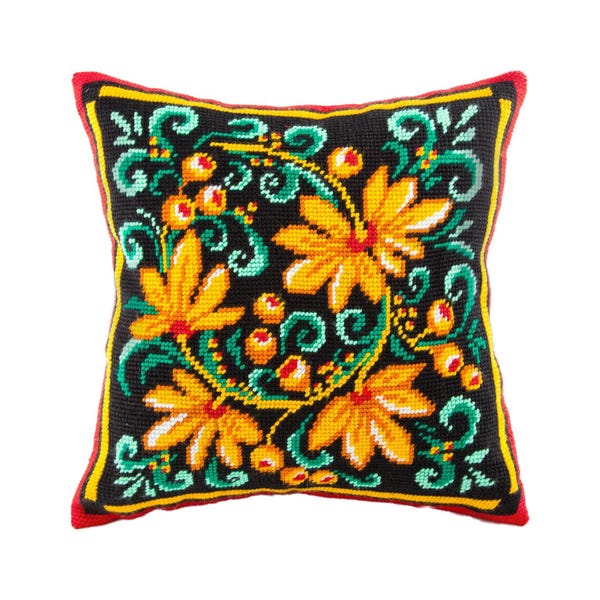 DIY Needlepoint Pillow Kit "Khokhloma" | Tapestry Cushion, Tent Stitch Embroidery Kit, Needlecraft Pillow, Printed Canvas 16x16 in, 40x40 cm