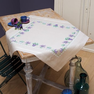 DIY Printed Tablecloth kit "Lavender", Printed Cross Stitch Kit, Embroidery table decor kit