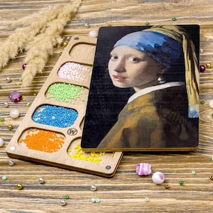 Vassoio portaoggetti per perline in legno con coperchio in legno "Ragazza con orecchino di perla", contenitore per perline, scatola per perline, utensili per perline