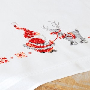 DIY Printed Tablecloth kit "Chistmas elves", Printed Cross Stitch Kit, Embroidery table decor kit