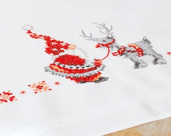DIY bedrukt tafelkleedpakket "kerst elfen", bedrukt borduurpakket, borduurpakket tafeldecoratie