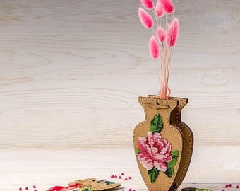 DIY Bead Embroidery on wood kit "Pink rose", Flower vase , beading embroidery, bead stitching wood decor, Wooden beaded kit, Beadwork kit