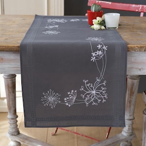 DIY Printed Table Runner kit &quot;White Flowers&quot;, Printed Cross Stitch Kit, Embroidery table decor kit