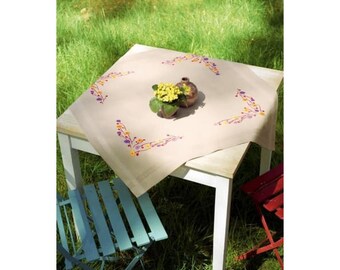 DIY Printed Tablecloth kit "Playful Flowers", Printed Cross Stitch Kit, Embroidery table decor kit