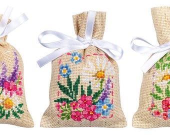 DIY Counted Cross Stitch Kit "Bag kit Spring flowers set of 3"  Embroidery kit, Home decor, Gift for her
