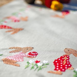 DIY Printed Tablecloth kit &quot;Easter rabbits in tulip&quot;, Printed Cross Stitch Kit, Embroidery table decor kit