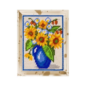 "DIY Gedruckter Wandteppich ""Sonnenblumen in einem blauen Glas"" 15 x 20 cm, Nadelspitzen Kit, Stickpackung, Leinwand gedruckt."