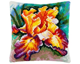 DIY Needlepoint Pillow Kit, Iris, Cross Stitch Cushion Kit, Embroidery kit, Brvsk, 16x16" (40x40 cm), Printed Canvas