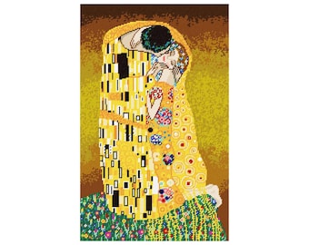 May include: A painting depicting two figures locked in an embrace, the man adorned with a yellow, gold, and black geometric pattern on his clothing. The woman wears a flowing robe with a circular pattern in shades of red, orange, and yellow. The background is a muted brown.