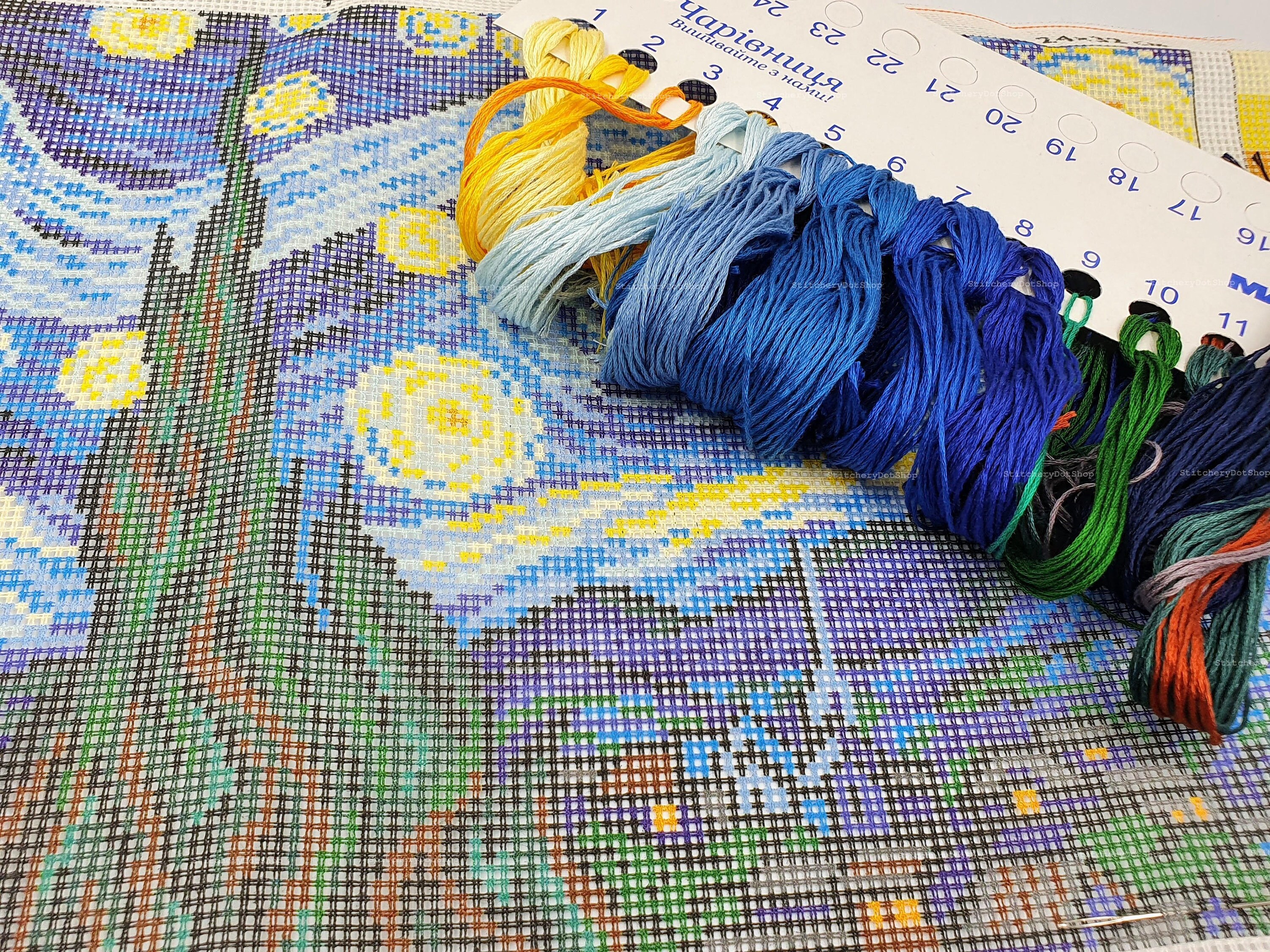 YEESAM ART Kreuzstich-Set „Van Gogh Sternenh Nacht“ – 11 CT, 59x45 Cm, Vorgedruckt, Für Anfänger & Erwachsene