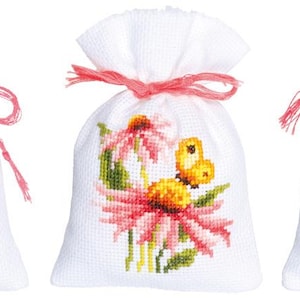 DIY Counted Cross Stitch Kit &quot;Bag kit Coneflowers and butterflies set of 3&quot;  Embroidery kit, Home decor, Gift for her