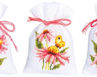 DIY Counted Cross Stitch Kit "Bag kit Coneflowers and butterflies set of 3"  Embroidery kit, Home decor, Gift for her