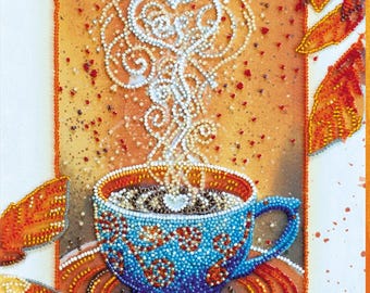 Bead Embroidery Kit "Autumn latte" | DIY Beadwork Kit for Adults on Printed Canvas, Preciosa Beads