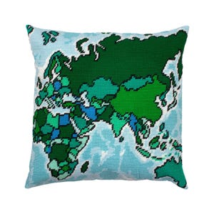 Kit de cojín de bordado DIY "Mapa del mundo", kit de cojín de tapiz, kit de punto de cruz, kit de bordado, tamaño 16" x 16" (40 x 40 cm), impreso