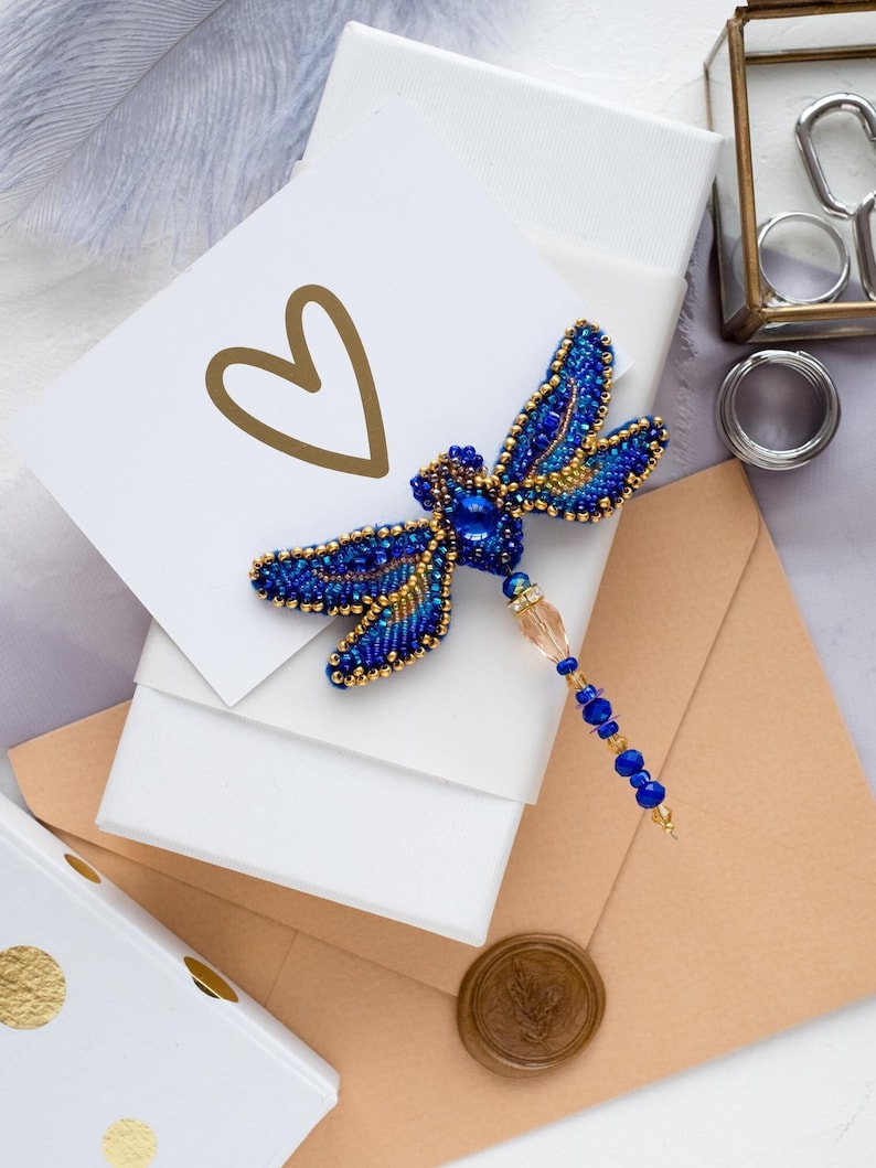 DIY Jewelry making kit Dragonfly, Seed beaded brooch, Bead Embroidery Kit A05 image 1