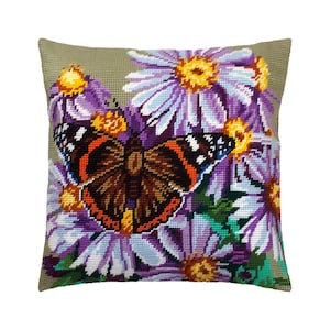 DIY Needlepoint Pillow Kit "Red Admiral on Michaelmas Daisies" | Tapestry Cushion, Tent Stitch Embroidery Kit, Needlecraft Pillow, Printed