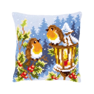 DIY Cross Stitch Cushion Kit &quot;Robins at the lantern&quot; | Needlepoint Pillow Kit | Embroidery kit | Home decor
