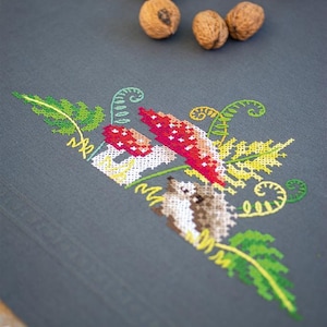 DIY Printed Tablecloth kit "Little hedgehog with ferns", Printed Cross Stitch Kit, Embroidery table decor kit