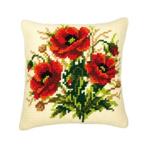 DIY Cross Stitch Cushion Kit &quot;Poppies&quot; | Needlepoint Pillow Kit | Embroidery kit | Home decor