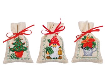 DIY Counted Cross Stitch Kit "Bag kit Christmas set of 3"  Embroidery kit, Home decor, Gift for her