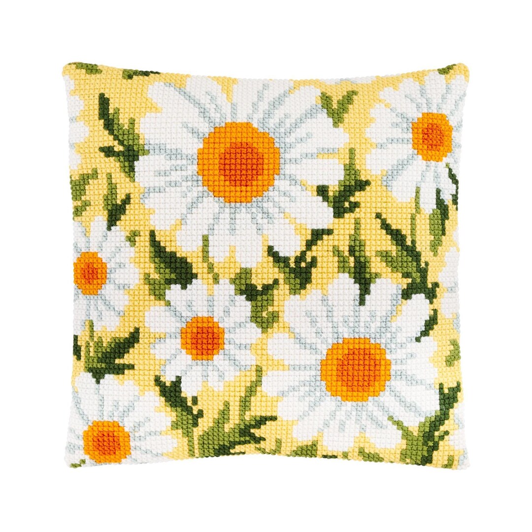 DIY Needlepoint Pillow Kit, Daisies, Cross Stitch Cushion Kit, Embroidery Kit, Brvsk, 16x16