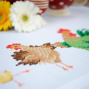DIY Printed Table Runner kit "Chicken family", Printed Cross Stitch Kit, Embroidery table decor kit