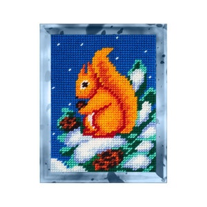 DIY プリントタペストリーキット「リス」5.9"x7.9" / 15 x 20 cm、ニードルポイントキット、刺繍キット、プリントキャンバス